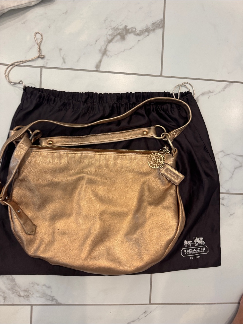 Coach Metallic Bronze Leather Shoulder Bag with Charm